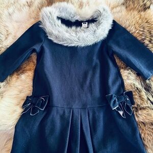 Janie and Jack Holiday Stunner in Navy & Grey Faux Fur Collar Velvet Bows Size 5